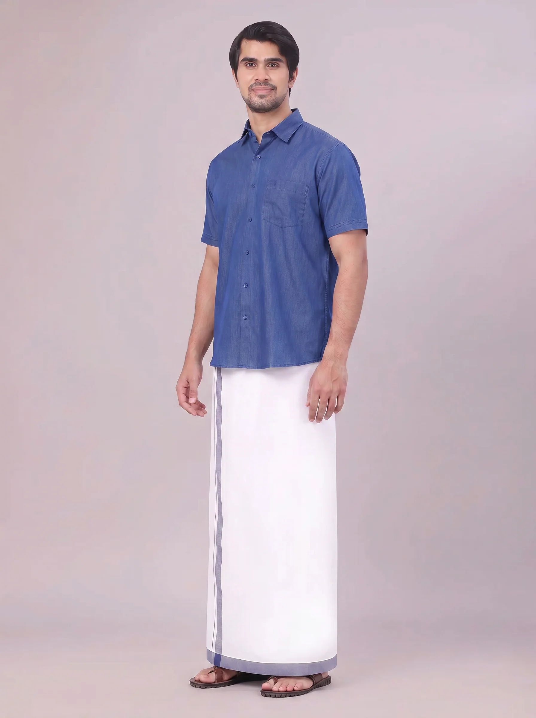 Mens Dark Blue Colour Shirt with Matching Fancy Border Dhoti Combo Lemax - Image 6