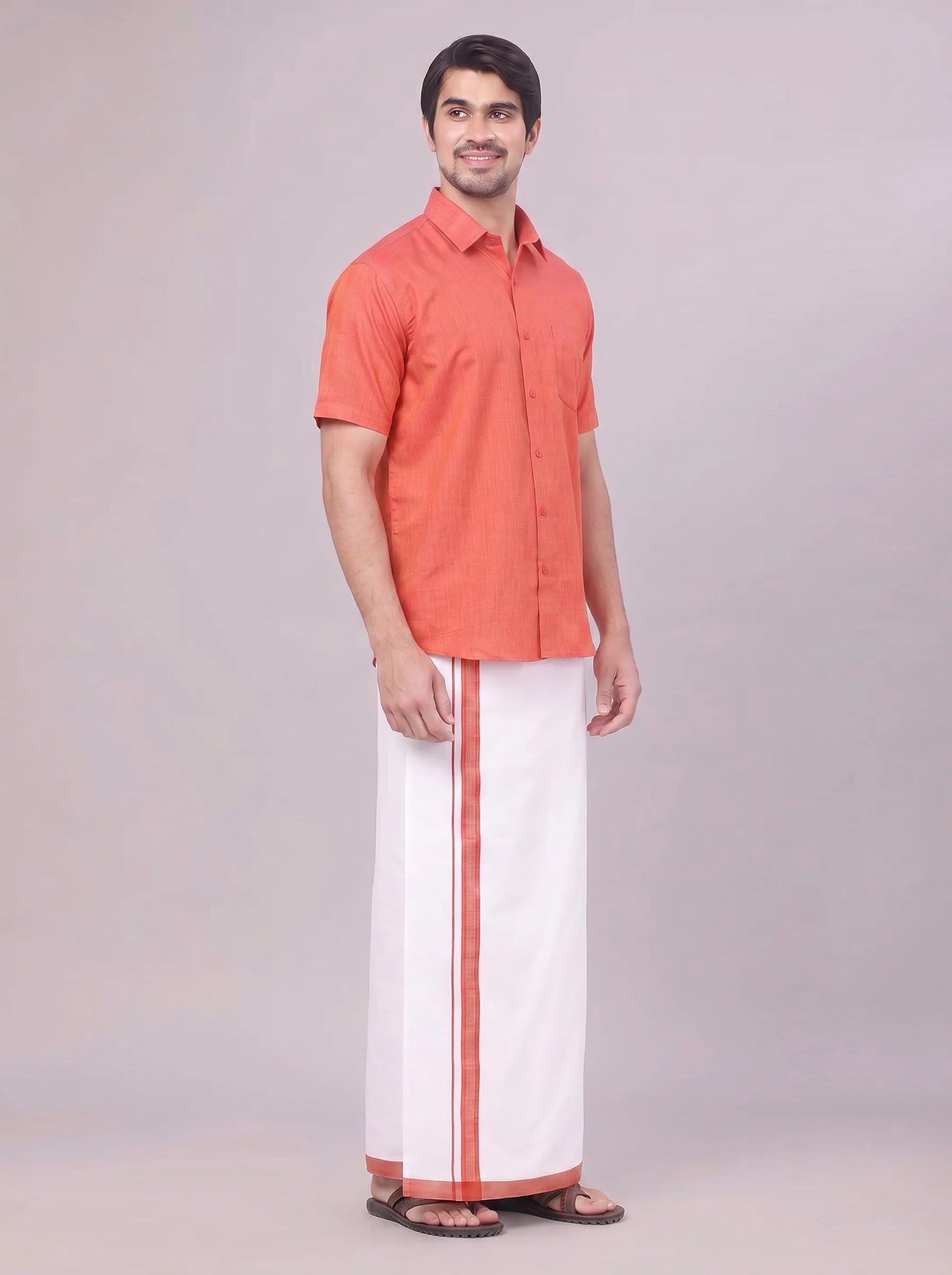 Mens Dark Brick Colour Shirt with Matching Fancy Border Dhoti Combo Lemax - Image 4