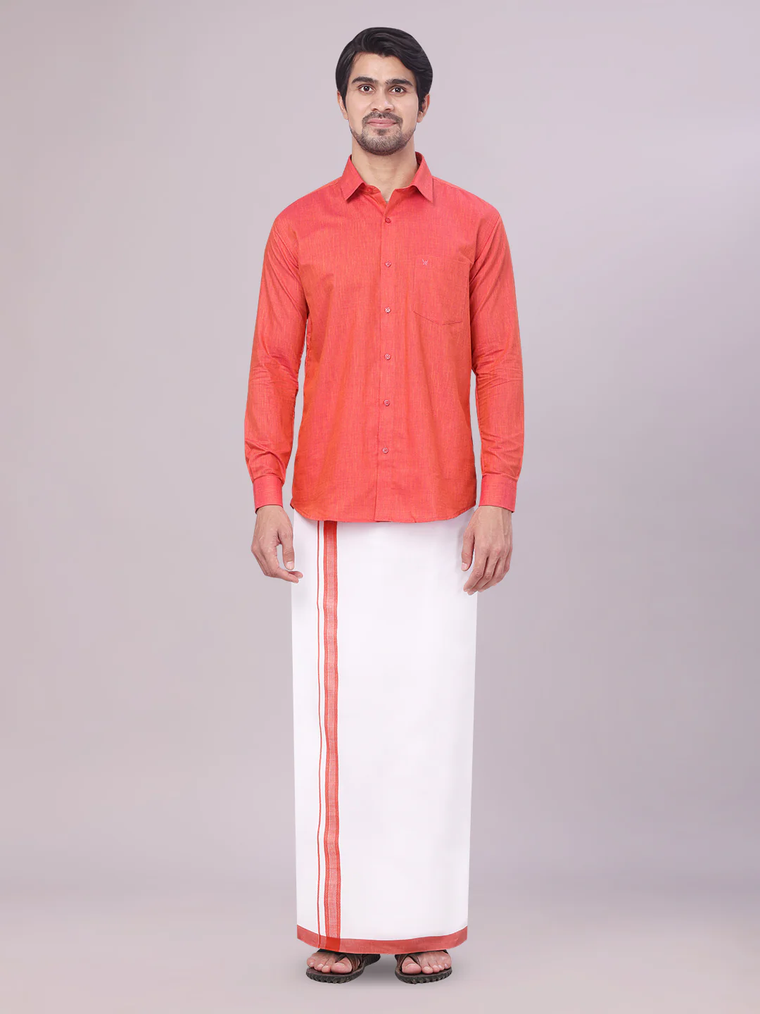 Mens Dark Brick Colour Shirt with Matching Fancy Border Dhoti Combo Lemax - Image 5