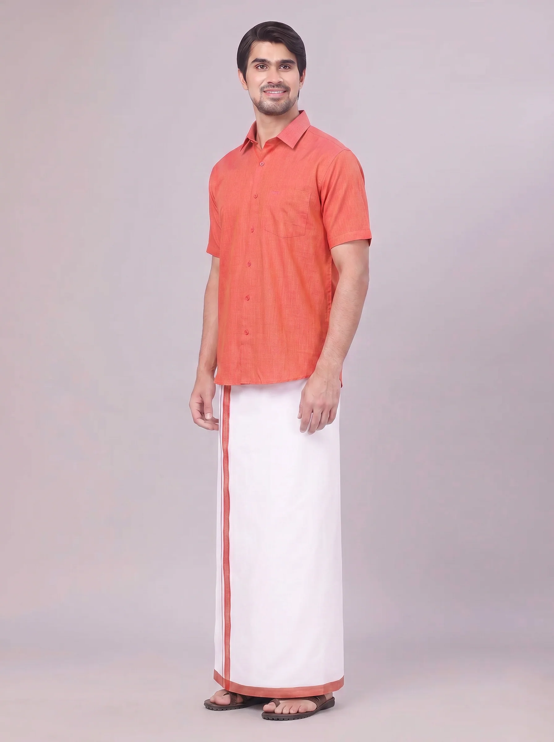 Mens Dark Brick Colour Shirt with Matching Fancy Border Dhoti Combo Lemax - Image 6