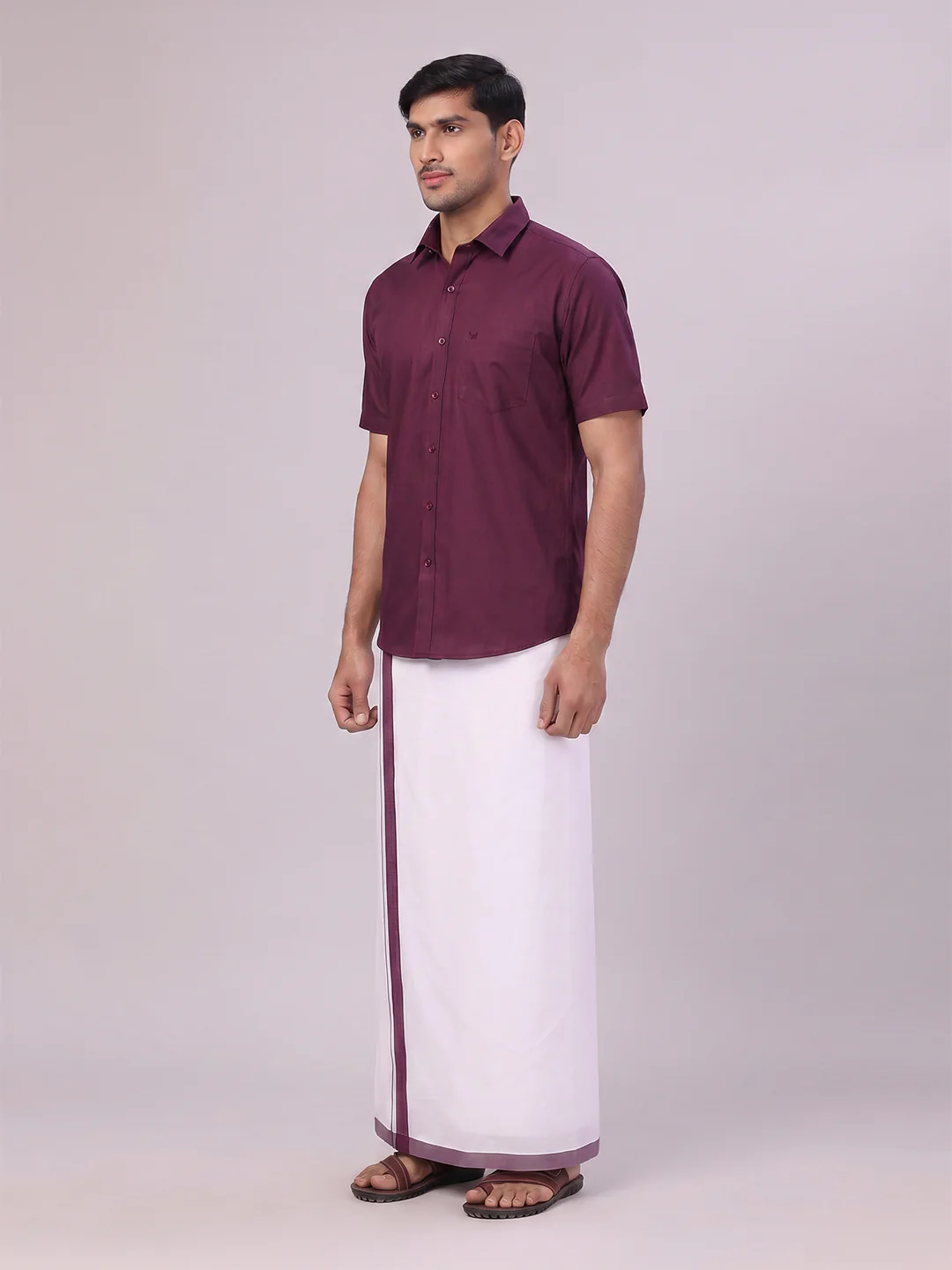 Mens Dark Wine Color Shirt with Matching Border Dhoti Combo Casper - Image 4