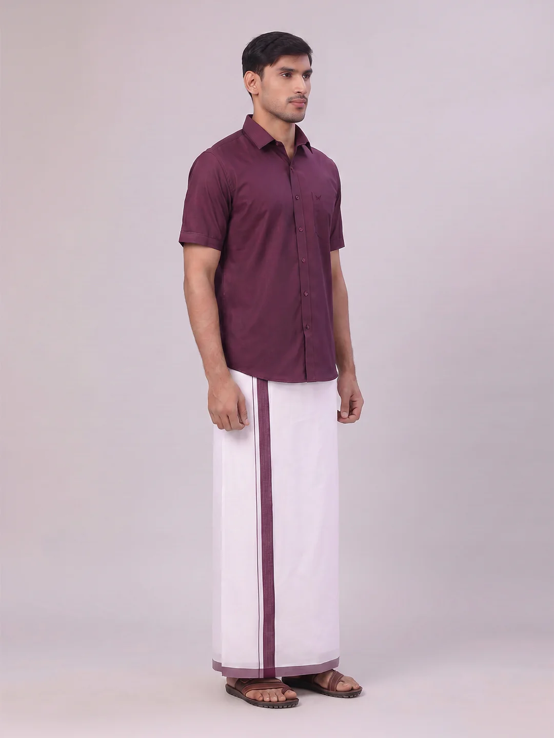Mens Dark Wine Color Shirt with Matching Border Dhoti Combo Casper - Image 5