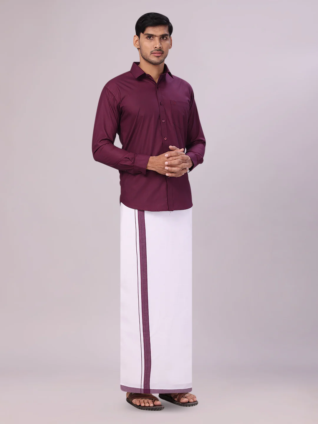 Mens Dark Wine Color Shirt with Matching Border Dhoti Combo Casper - Image 6