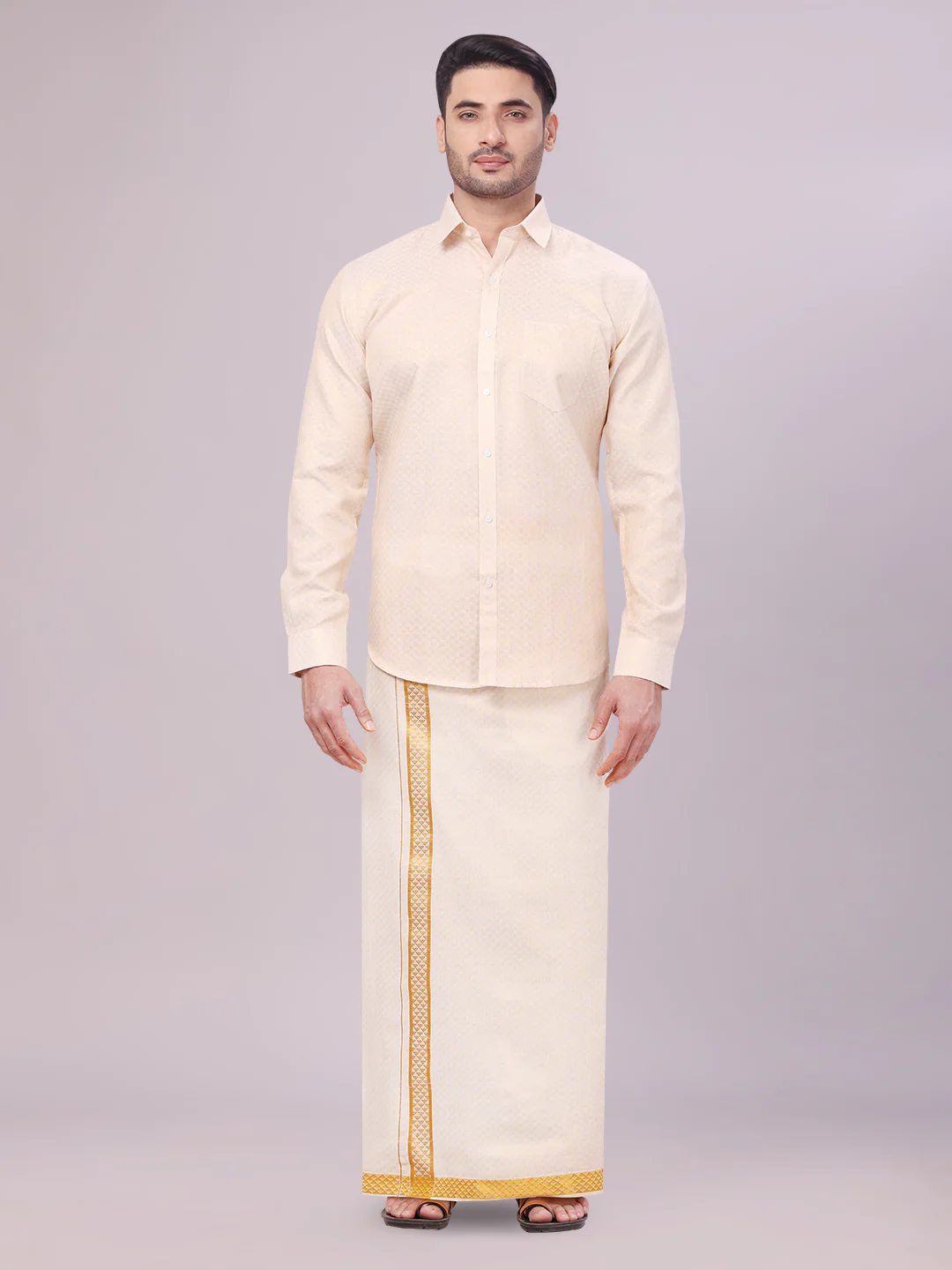 Mens Gold Tissue Jacquard Shirt with Matching Flexi Dhoti Combo Zeebra