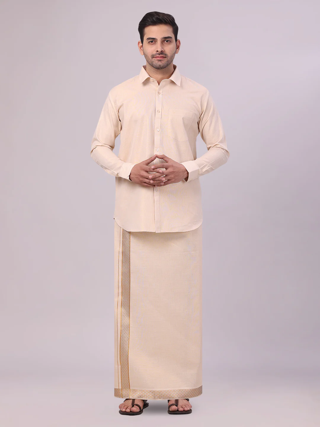 Men's Gold Tissue Shirt and Dhoti Set with Intricate Jacquard Border Plum