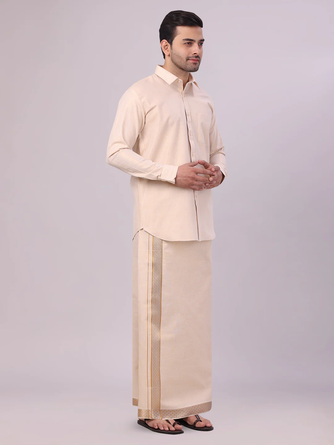 Men's Gold Tissue Shirt and Dhoti Set with Intricate Jacquard Border Plum - Image 2
