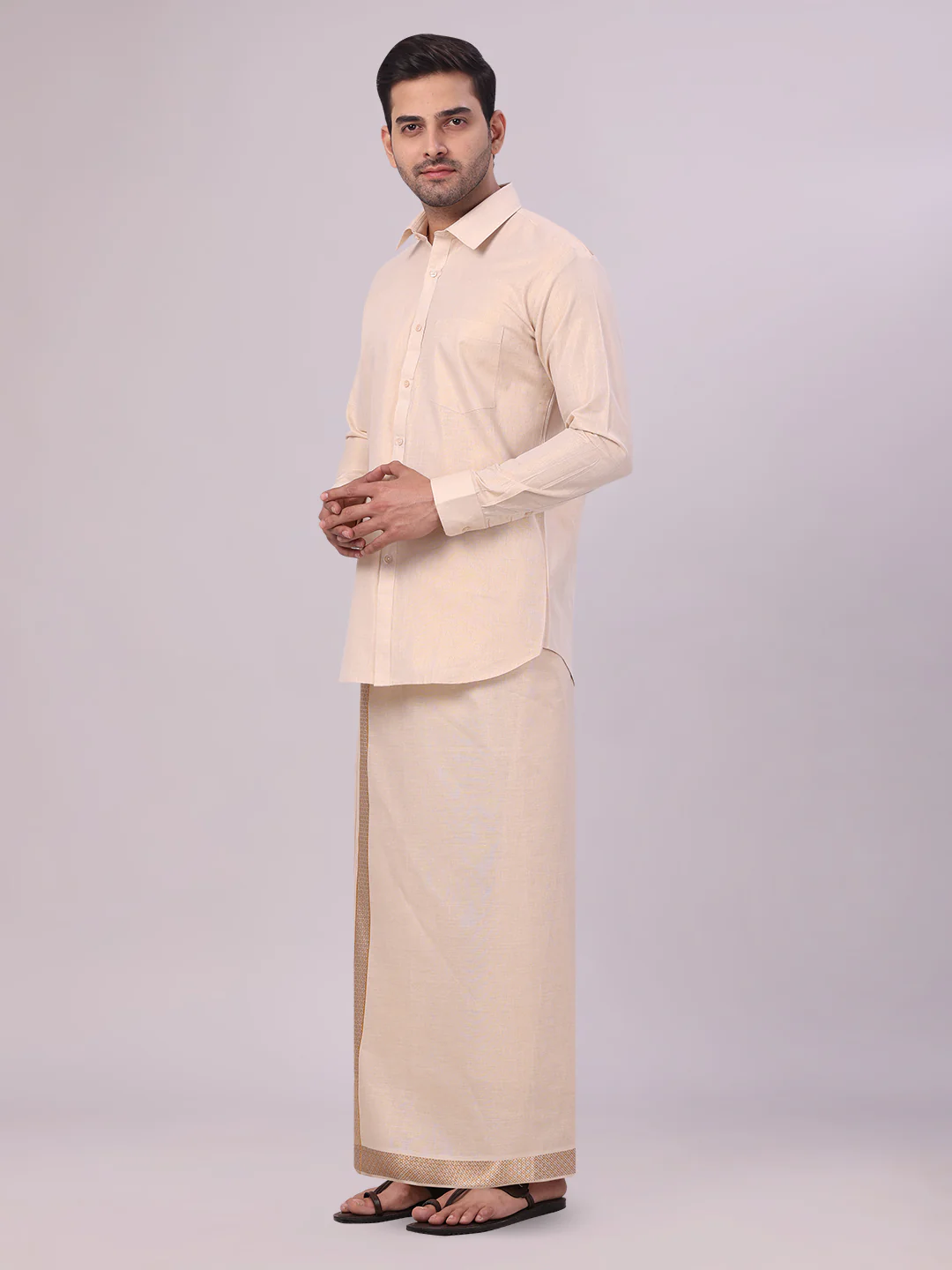 Men's Gold Tissue Shirt and Dhoti Set with Intricate Jacquard Border Plum - Image 3