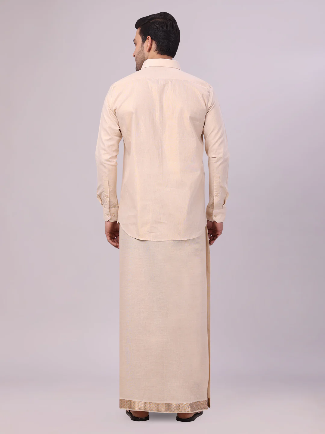 Men's Gold Tissue Shirt and Dhoti Set with Intricate Jacquard Border Plum - Image 4