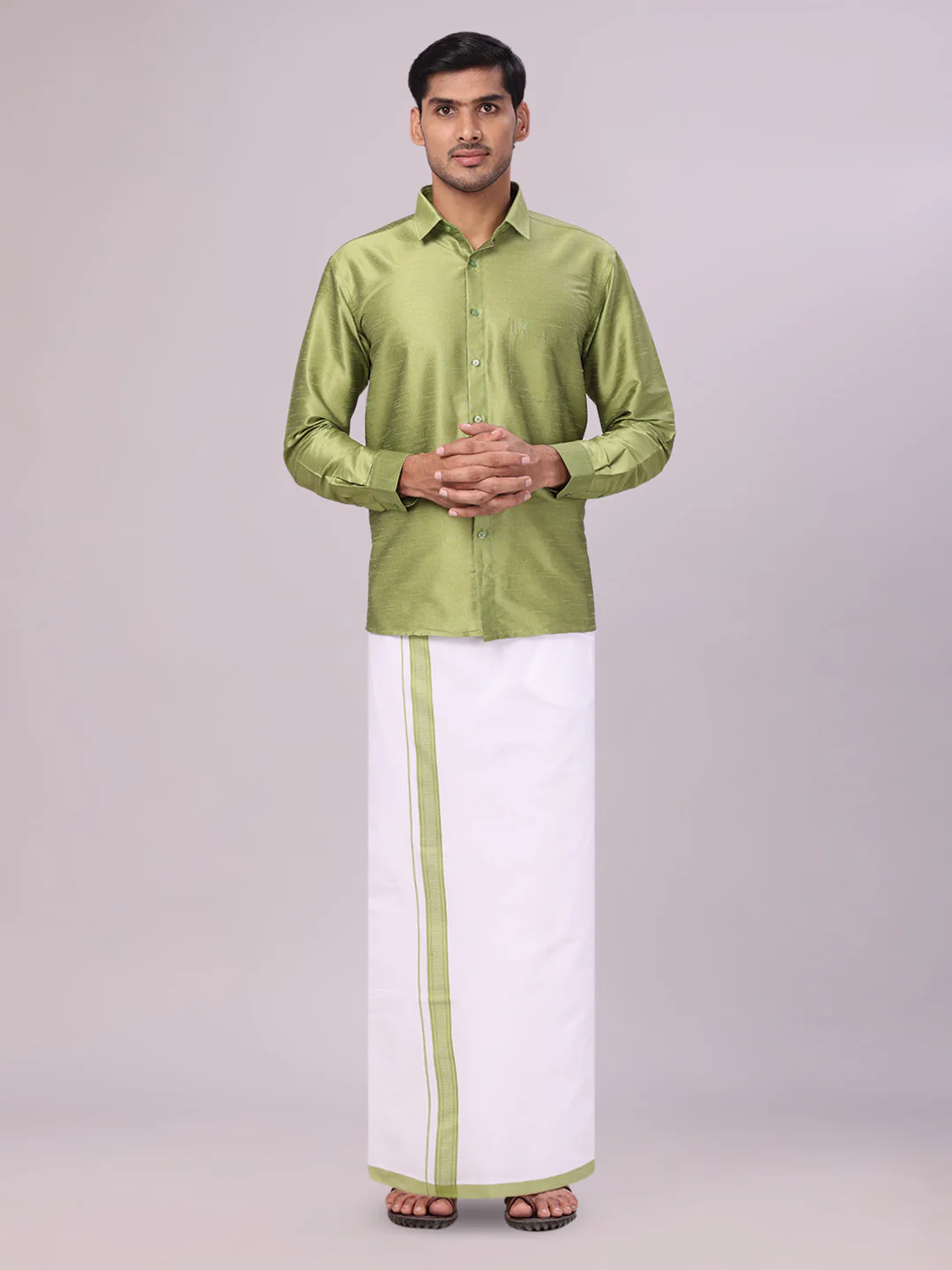 Mens Green Dupion Satin Shirt with Matching Border Dhoti Combo Gora