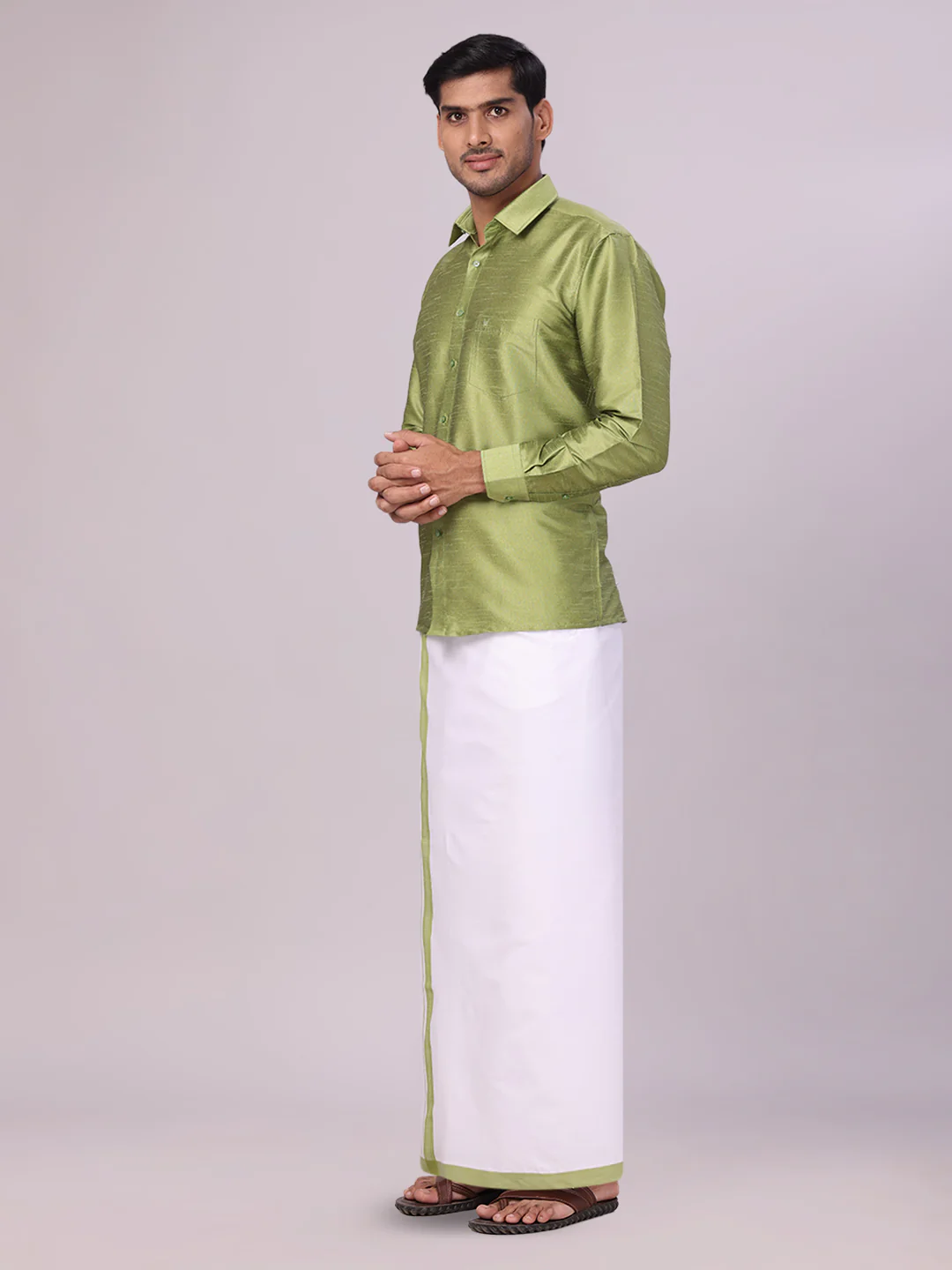 Mens Green Dupion Satin Shirt with Matching Border Dhoti Combo Gora - Image 2
