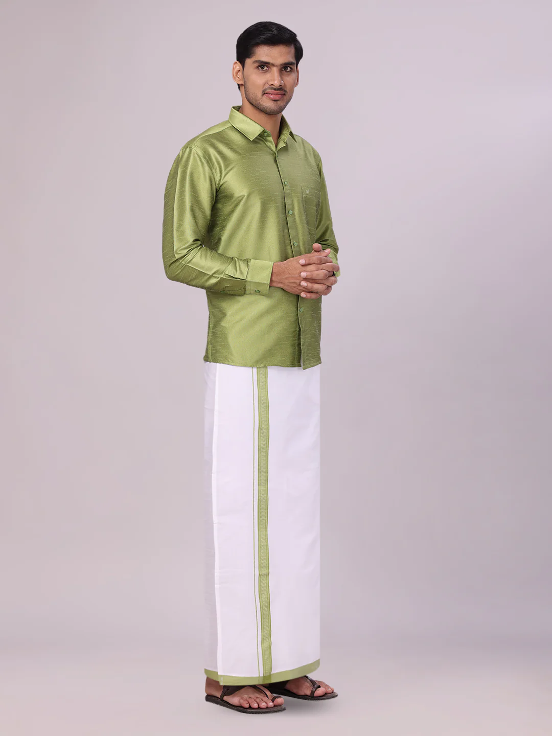 Mens Green Dupion Satin Shirt with Matching Border Flexi Dhoti Combo Gora Flexi - Image 3