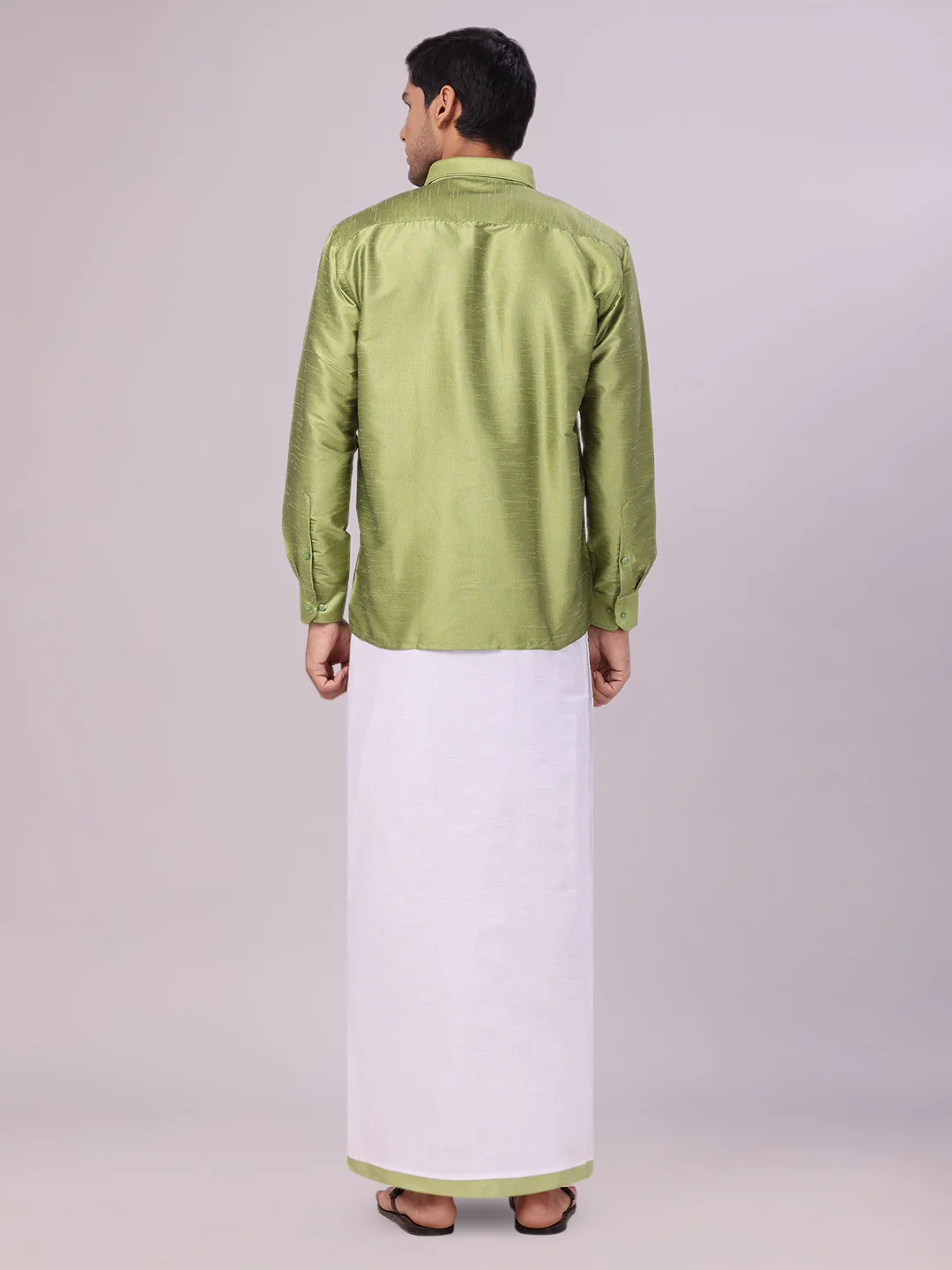 Mens Green Dupion Satin Shirt with Matching Border Flexi Dhoti Combo Gora Flexi - Image 5