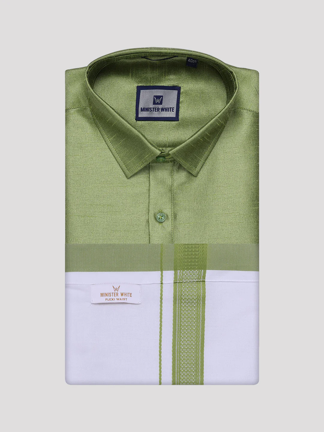 Mens Green Dupion Satin Shirt with Matching Border Flexi Dhoti Combo Gora Flexi - Image 7