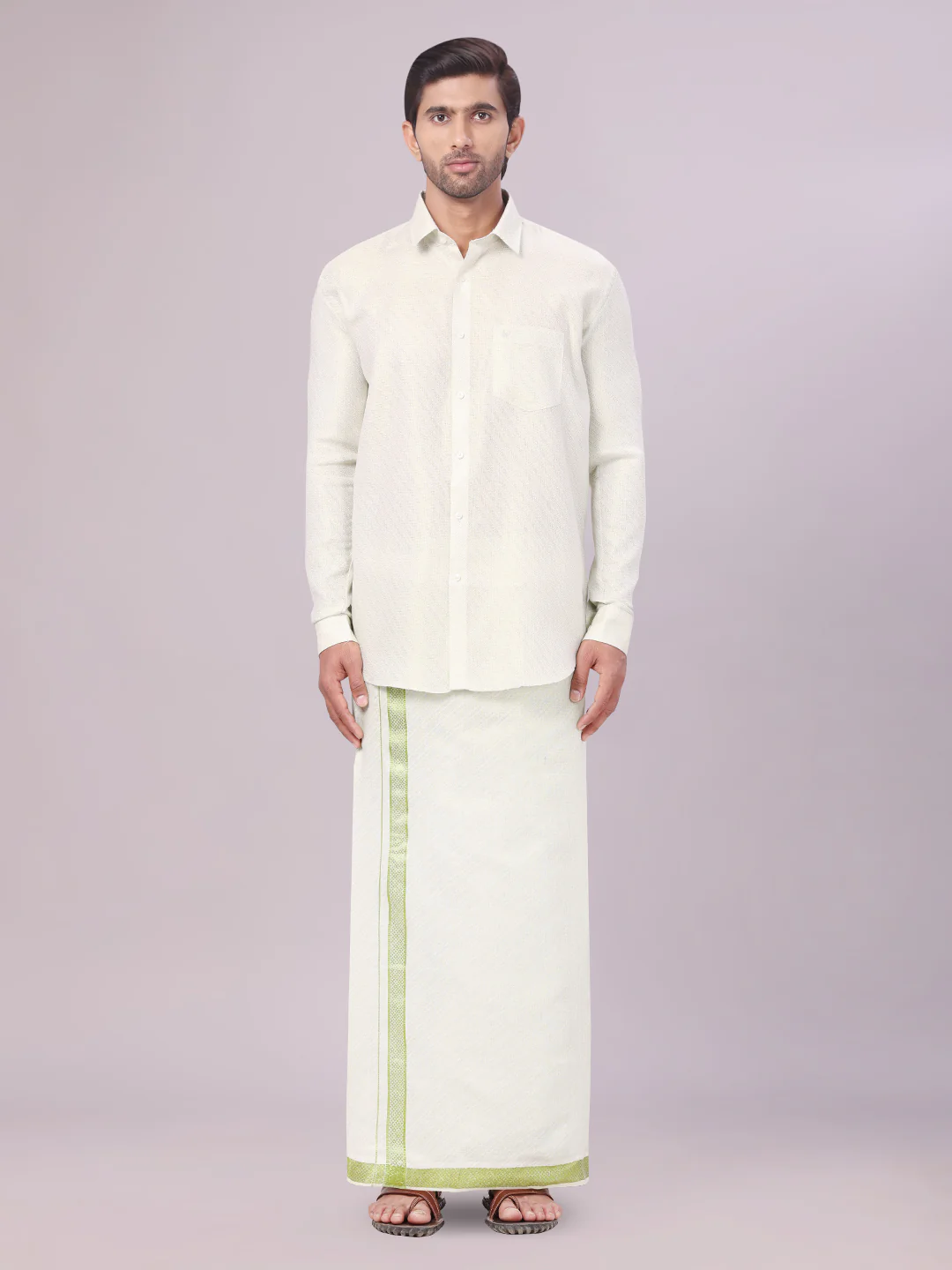 Men's Leaf Green Tissue Jacquard Shirt with Matching Dhoti Combo Zeus