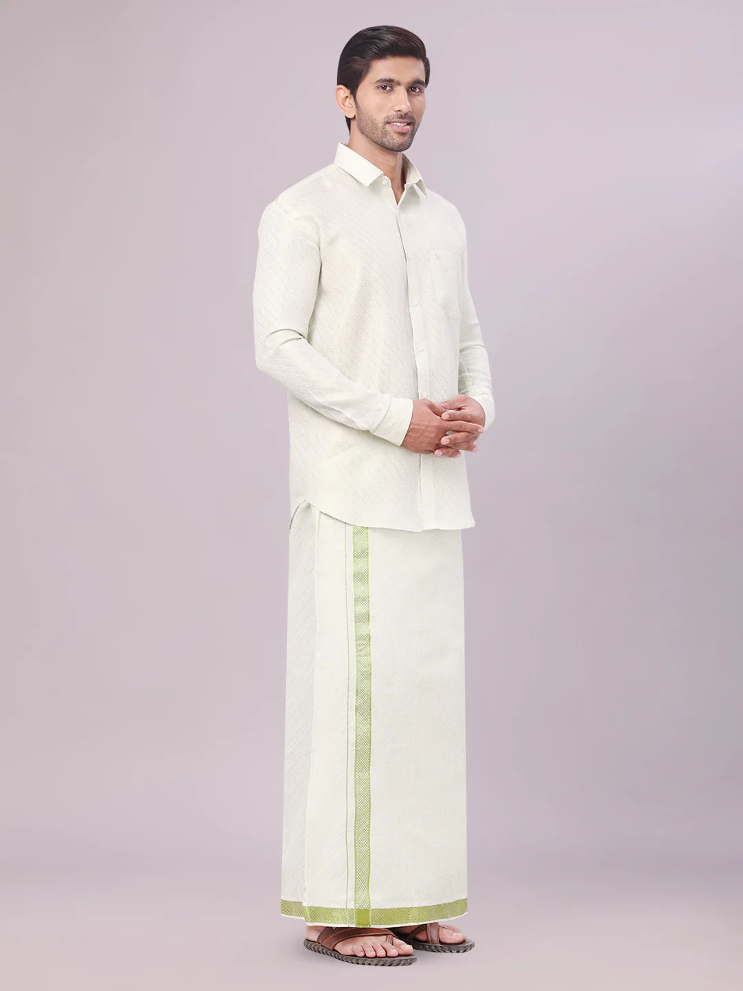 Men's Leaf Green Tissue Jacquard Shirt with Matching Dhoti Combo Zeus - Image 2
