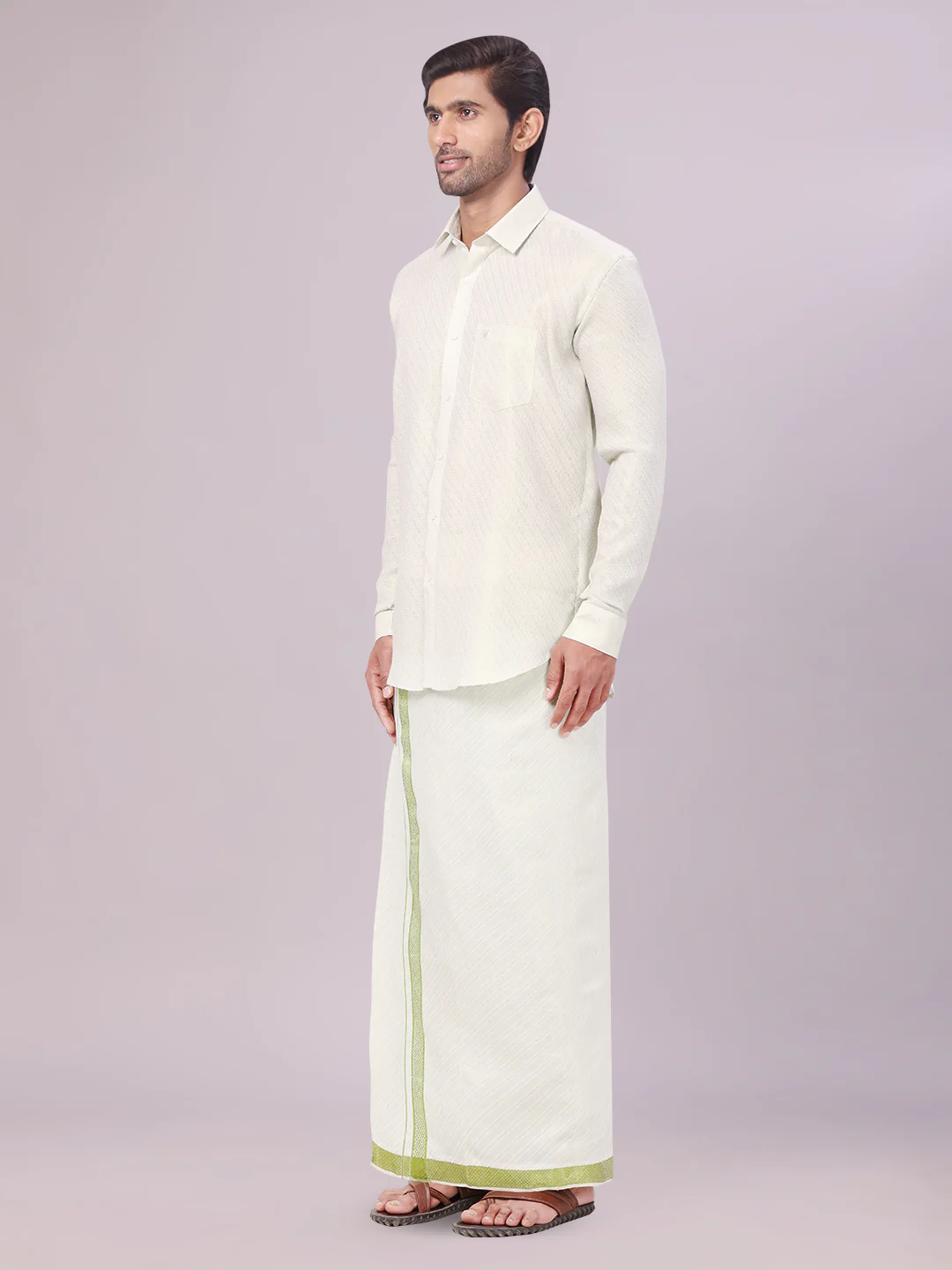 Men's Leaf Green Tissue Jacquard Shirt with Matching Dhoti Combo Zeus - Image 3