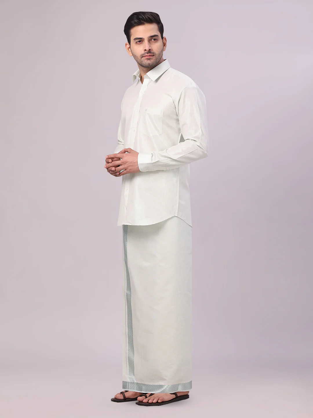Mens Leaf Green Tissue Shirt and Dhoti Set with Intricate Jacquard Border Plum - Image 2