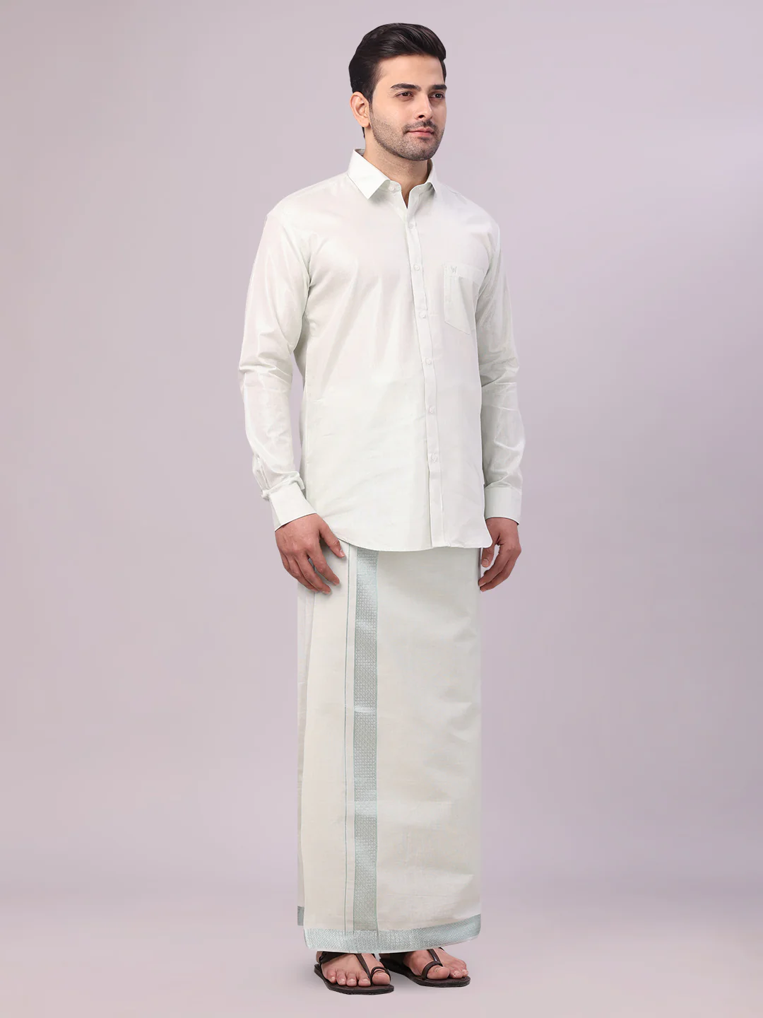 Mens Leaf Green Tissue Shirt and Dhoti Set with Intricate Jacquard Border Plum - Image 3