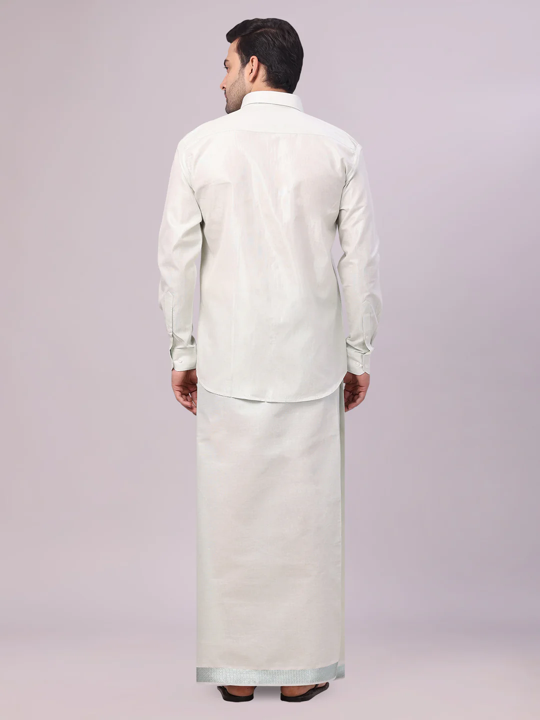 Mens Leaf Green Tissue Shirt and Dhoti Set with Intricate Jacquard Border Plum - Image 4