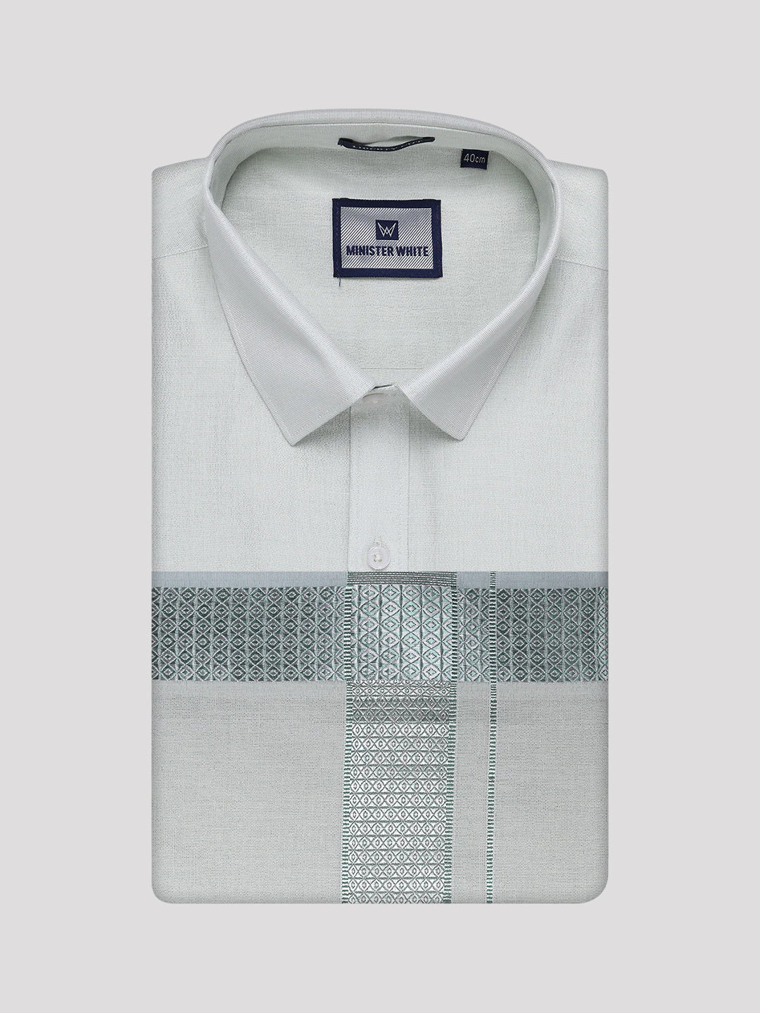 Mens Leaf Green Tissue Shirt and Dhoti Set with Intricate Jacquard Border Plum - Image 5