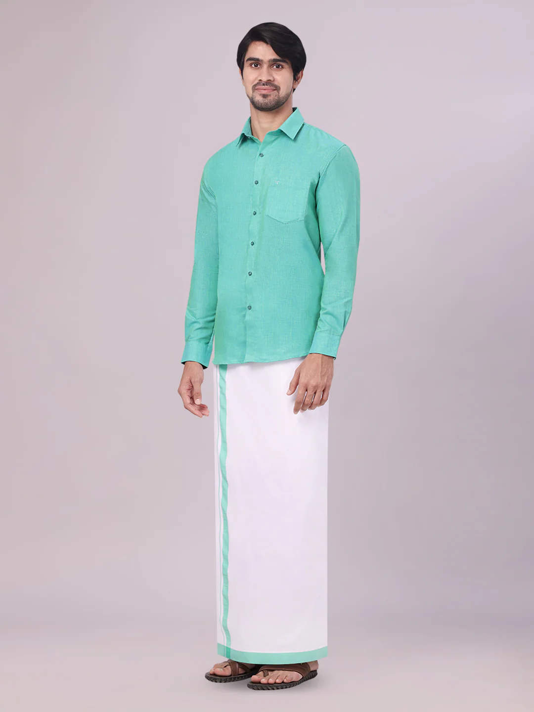 Men's Mint Blue Color Shirt with Matching Fancy Border Dhoti Combo Lemax - Image 3