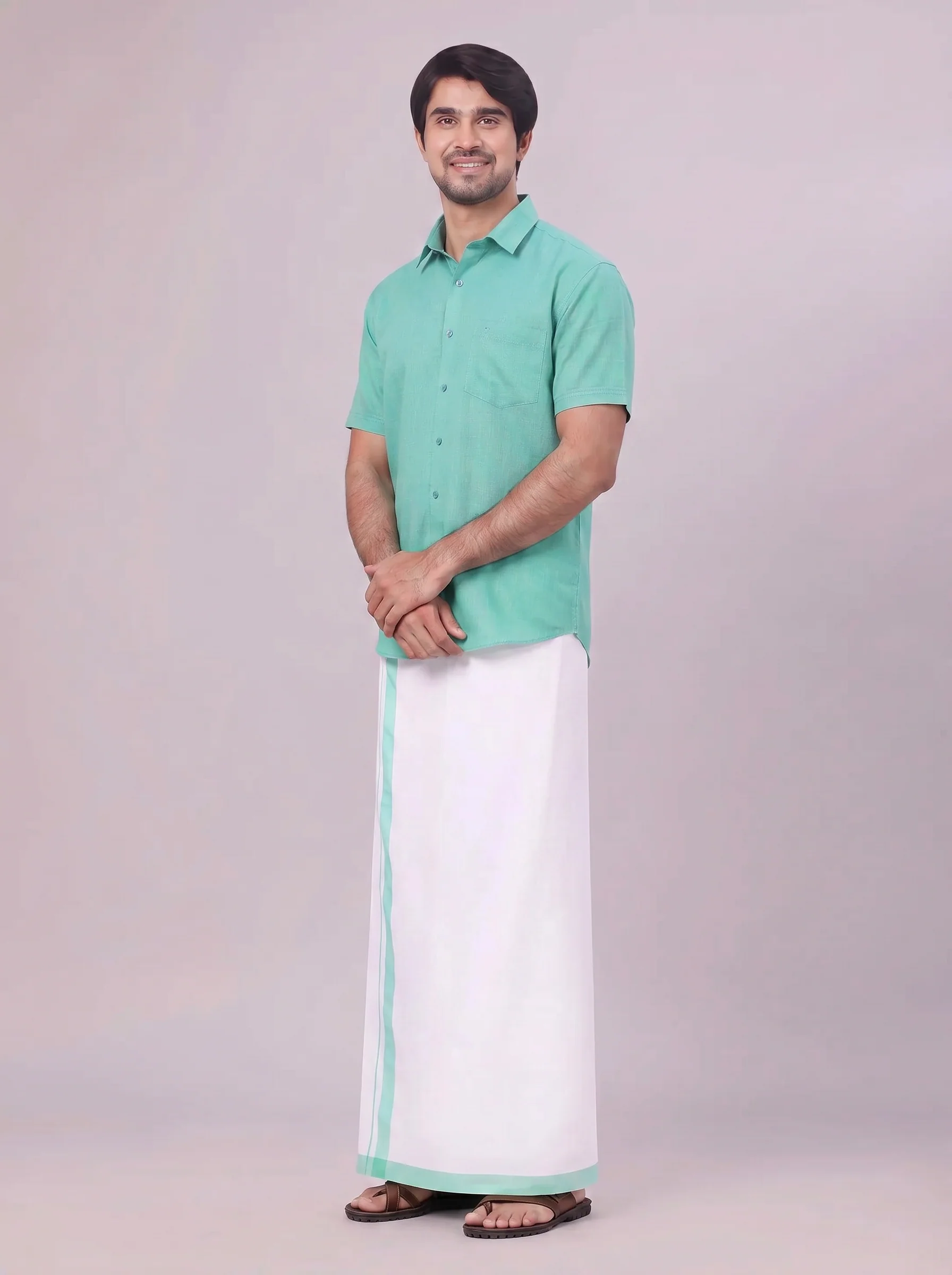 Men's Mint Blue Color Shirt with Matching Fancy Border Dhoti Combo Lemax - Image 4