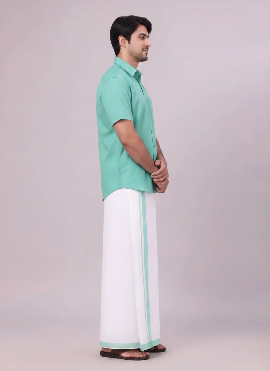 Men's Mint Blue Color Shirt with Matching Fancy Border Dhoti Combo Lemax - Image 6