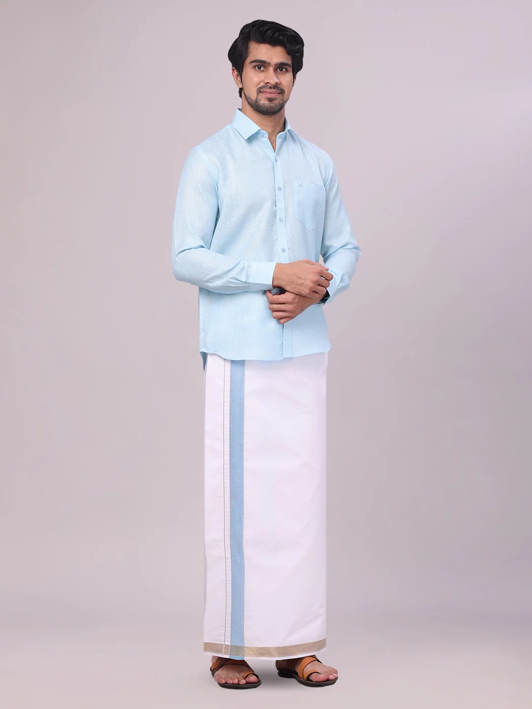 Mens Light Blue Shirt with Matching jacquard Weave Border Dhoti Combo Marsh - Image 3