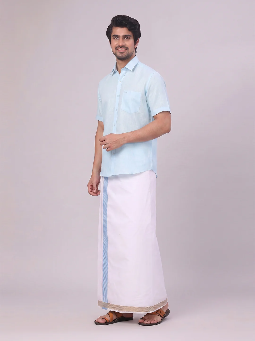 Mens Light Blue Shirt with Matching jacquard Weave Border Dhoti Combo Marsh - Image 4