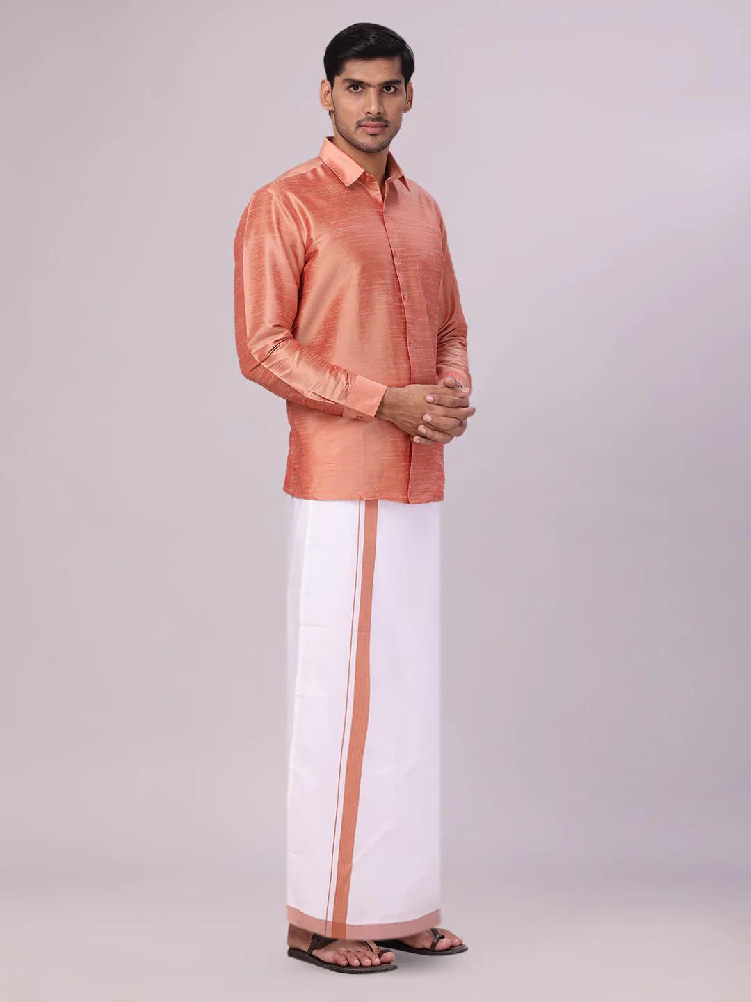 Mens Light Brown Dupion Satin Shirt with Matching Border Dhoti Combo Gora - Image 3