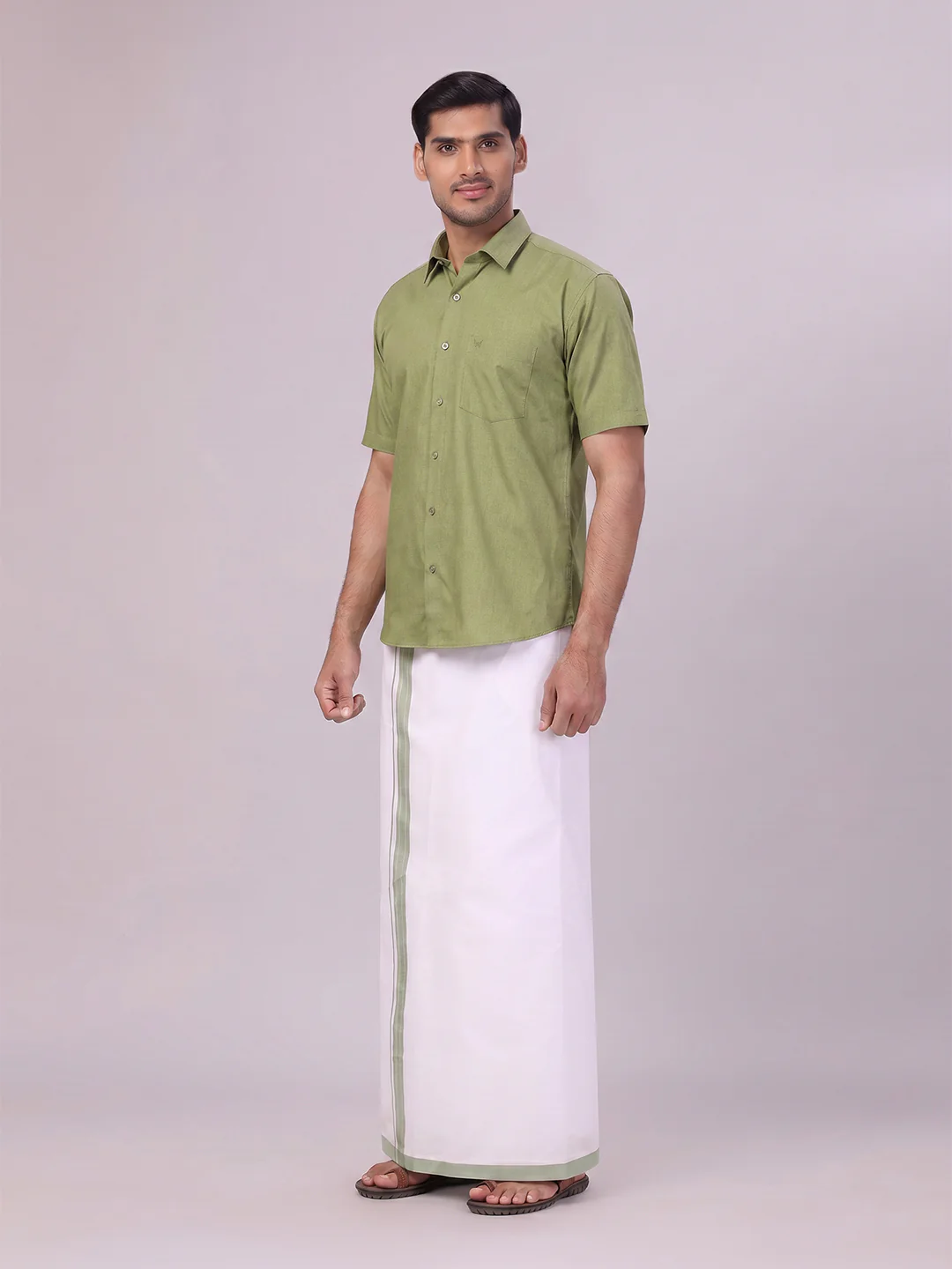 Mens Light Green Color Shirt with Matching Border Dhoti Combo Casper - Image 4