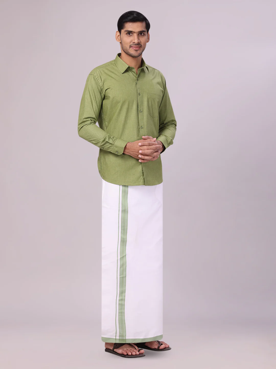Mens Light Green Color Shirt with Matching Border Dhoti Combo Casper - Image 5