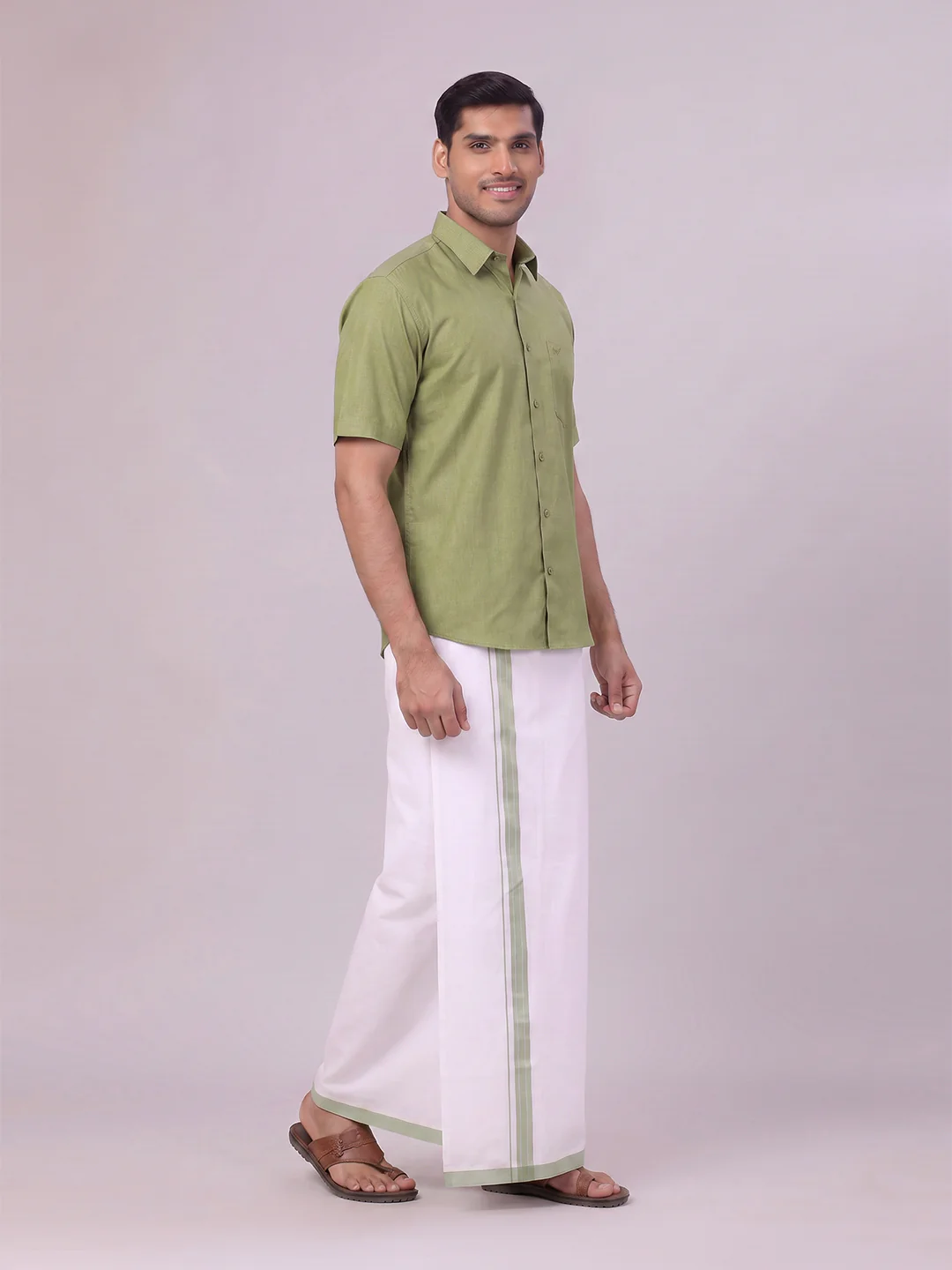 Mens Light Green Color Shirt with Matching Border Dhoti Combo Casper - Image 6