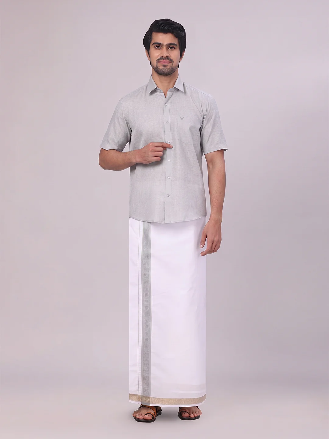 Mens Light Grey Shirt with Matching jacquard Weave Border Dhoti Combo Marsh - Image 2