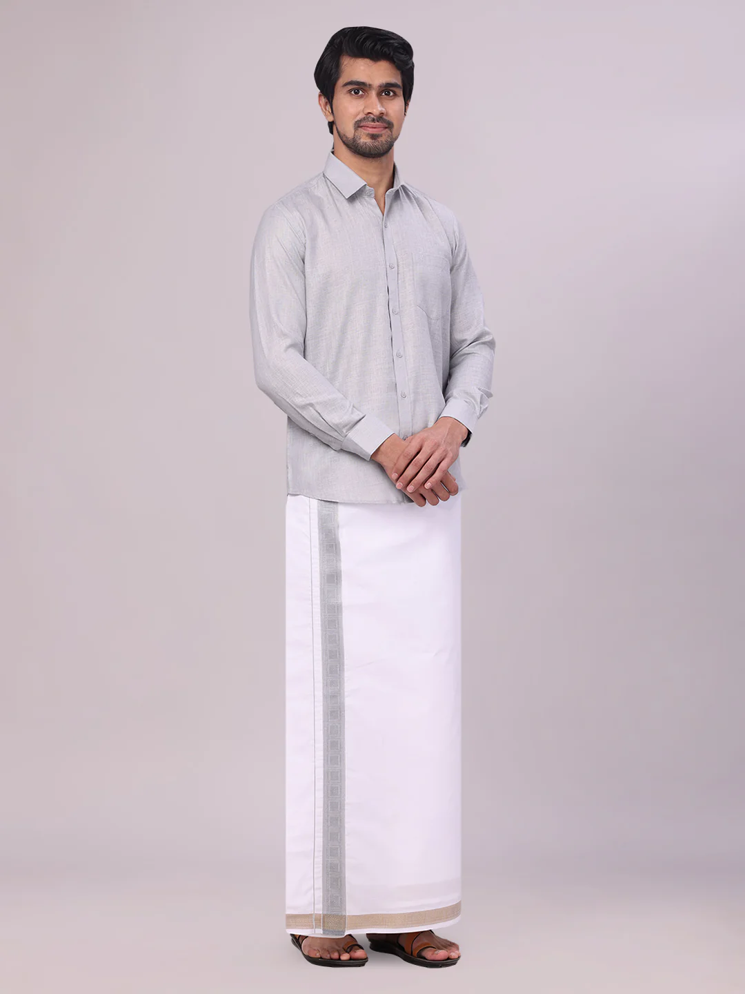 Mens Light Grey Shirt with Matching jacquard Weave Border Dhoti Combo Marsh - Image 3