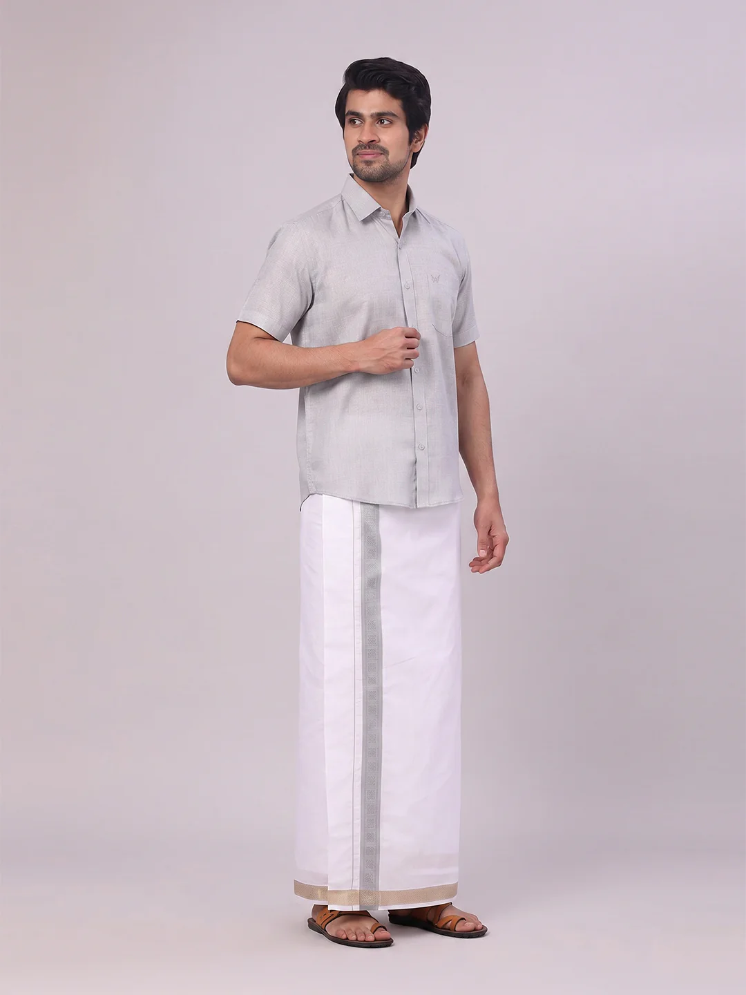 Mens Light Grey Shirt with Matching jacquard Weave Border Dhoti Combo Marsh - Image 4