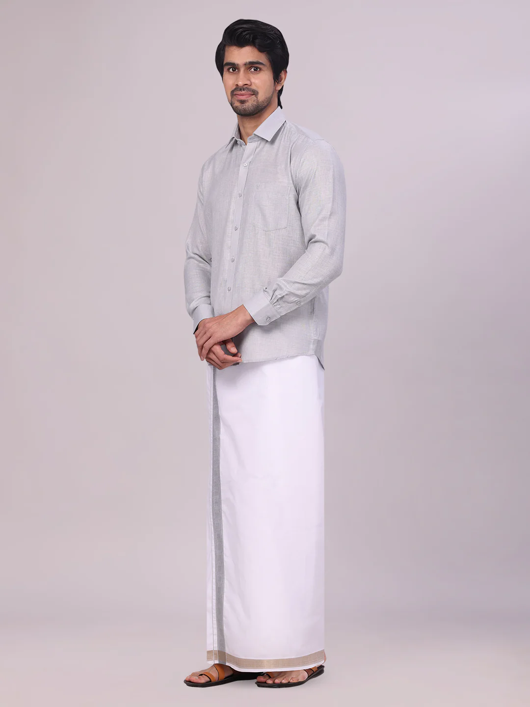 Mens Light Grey Shirt with Matching jacquard Weave Border Dhoti Combo Marsh - Image 5