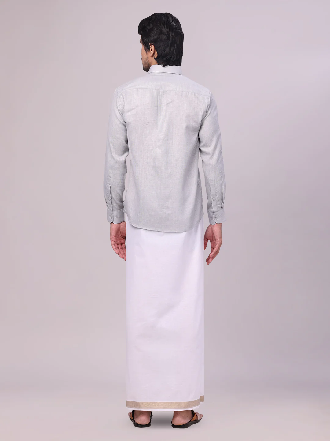Mens Light Grey Shirt with Matching jacquard Weave Border Dhoti Combo Marsh - Image 7