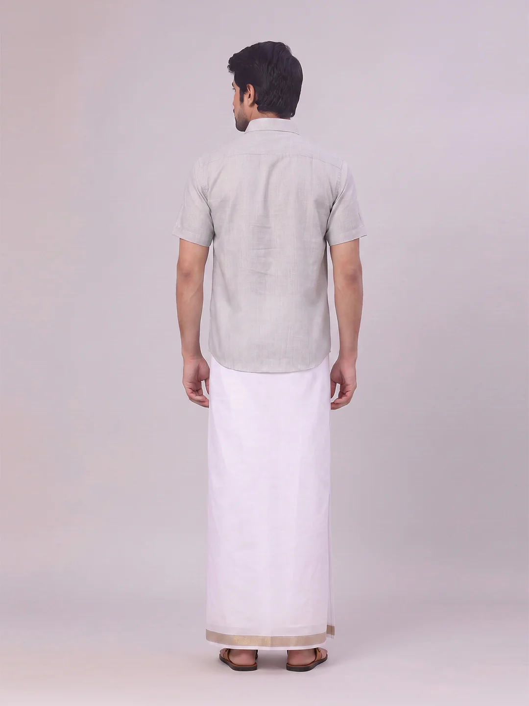 Mens Light Grey Shirt with Matching jacquard Weave Border Dhoti Combo Marsh - Image 8