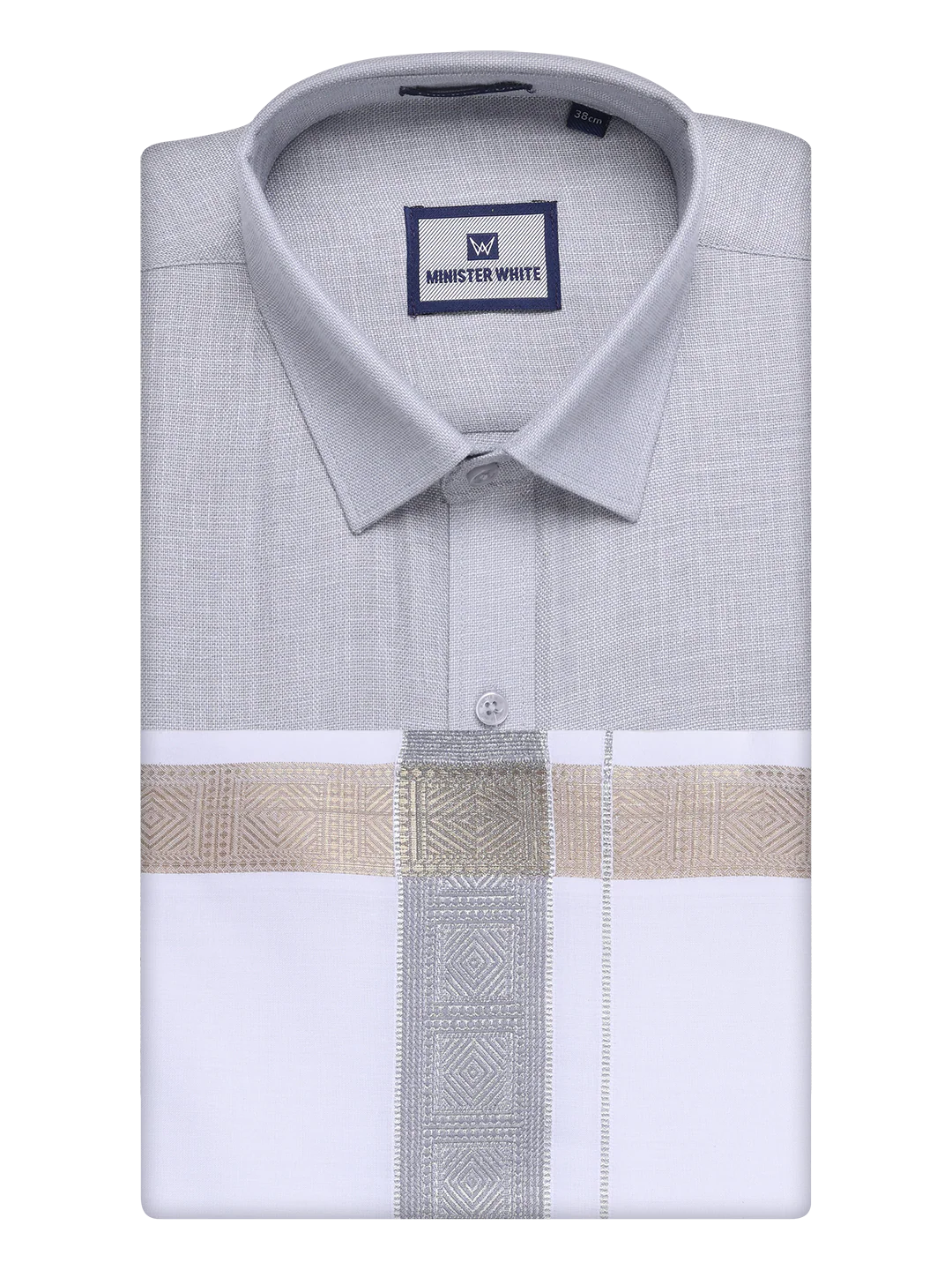 Mens Light Grey Shirt with Matching jacquard Weave Border Dhoti Combo Marsh - Image 9