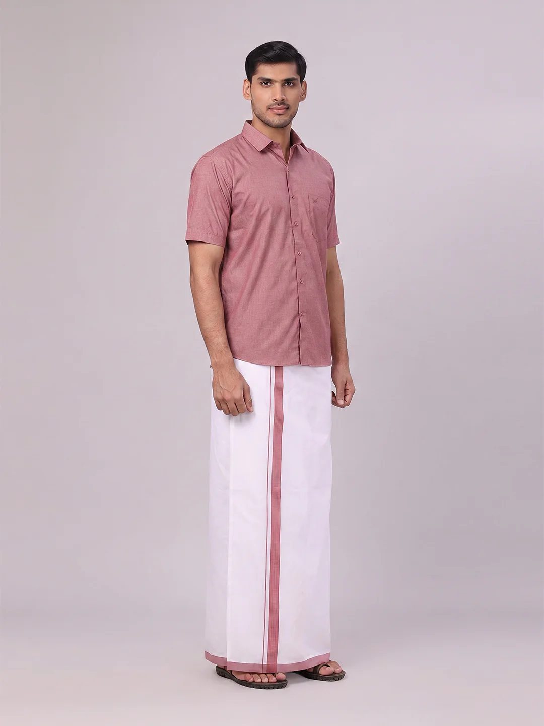 Mens Light Maroon Color Shirt with Matching Border Dhoti Combo Casper - Image 3