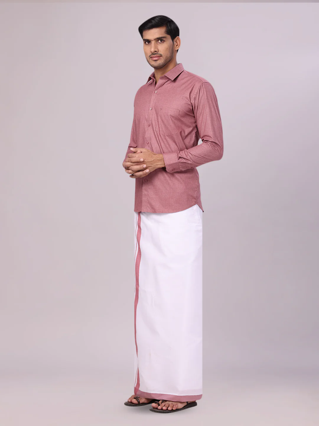 Mens Light Maroon Color Shirt with Matching Border Dhoti Combo Casper - Image 4