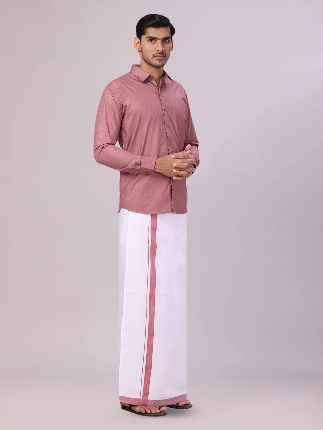 Mens Light Maroon Color Shirt with Matching Border Dhoti Combo Casper - Image 5