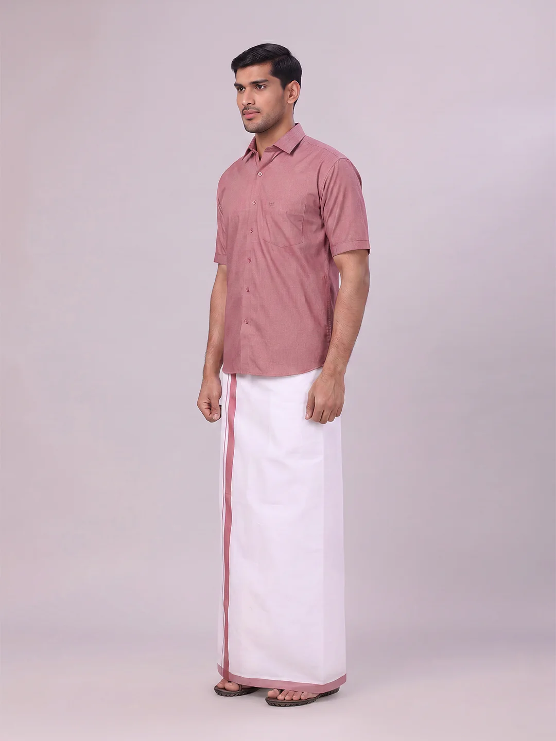 Mens Light Maroon Color Shirt with Matching Border Dhoti Combo Casper - Image 6