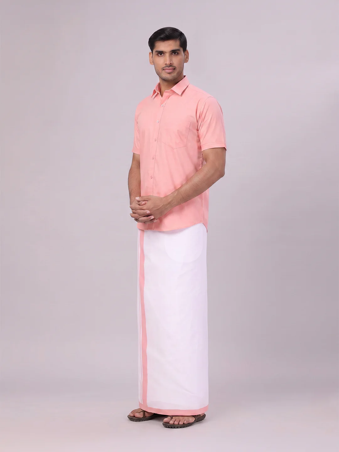 Mens Light Pink Color Shirt with Matching Border Dhoti Combo Casper - Image 4