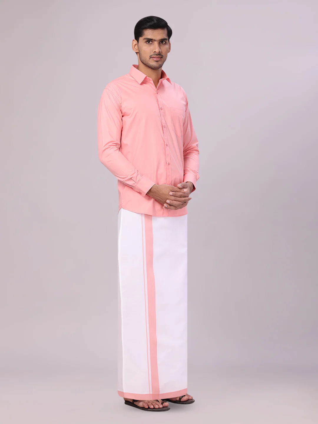 Mens Light Pink Color Shirt with Matching Border Dhoti Combo Casper - Image 5