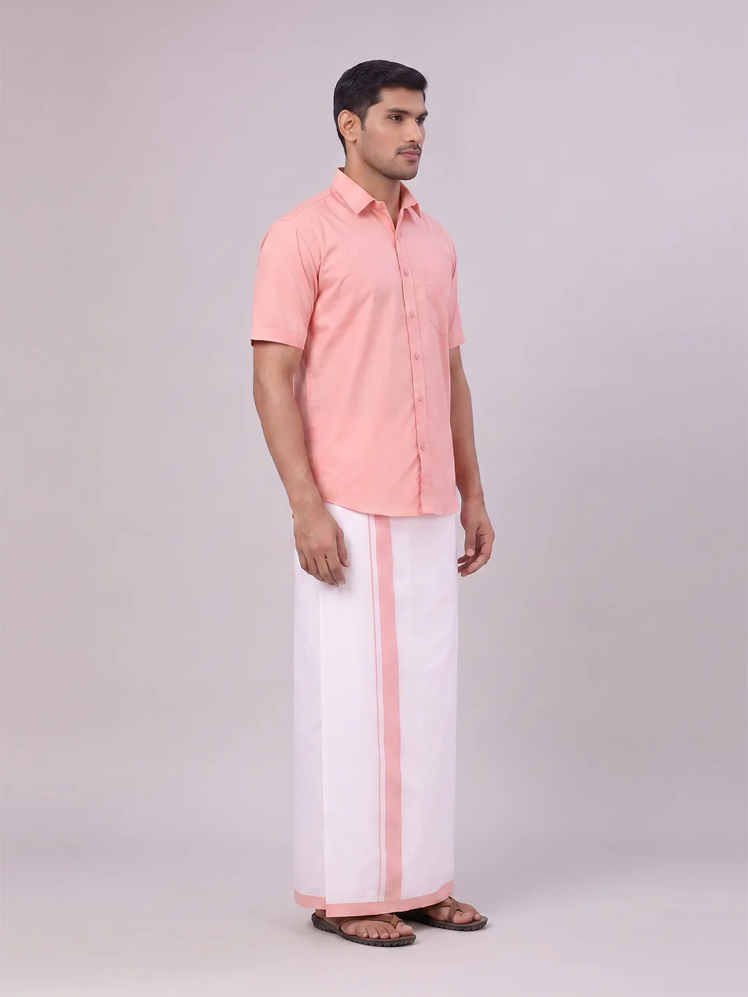 Mens Light Pink Color Shirt with Matching Border Dhoti Combo Casper - Image 6