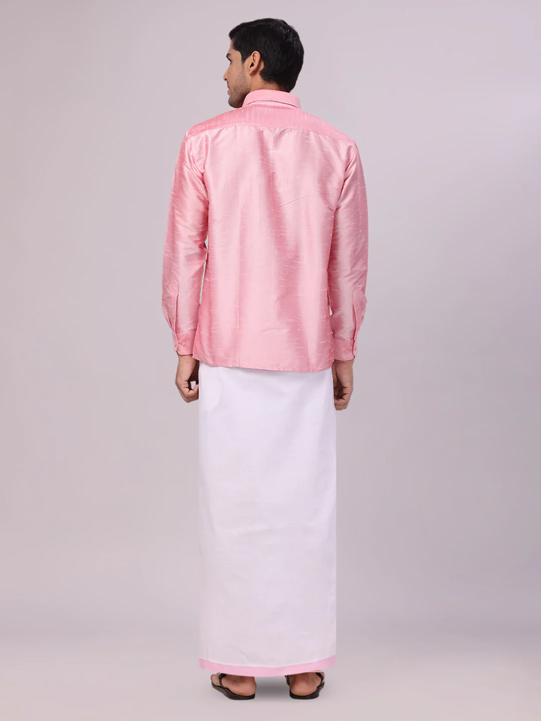 Mens Light Pink Dupion Satin Shirt with Matching Border Dhoti Combo Gora - Image 4