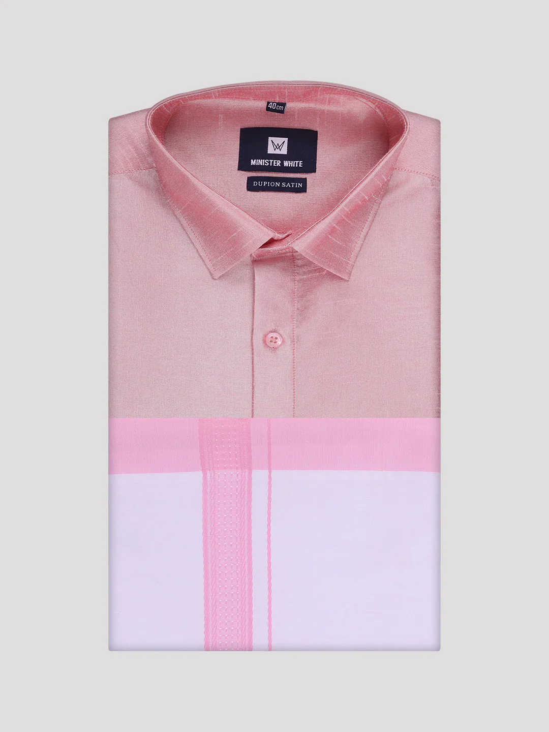 Mens Light Pink Dupion Satin Shirt with Matching Border Dhoti Combo Gora - Image 5