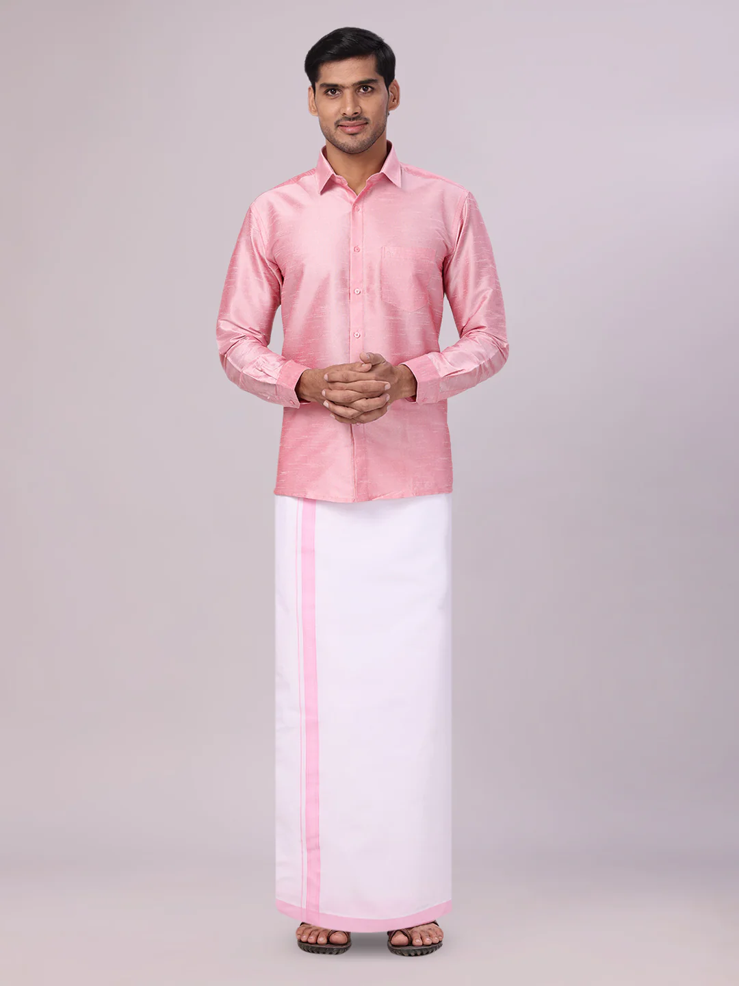 Mens Light Pink Dupion Satin Shirt with Matching Border Flexi Dhoti Combo Gora Flexi